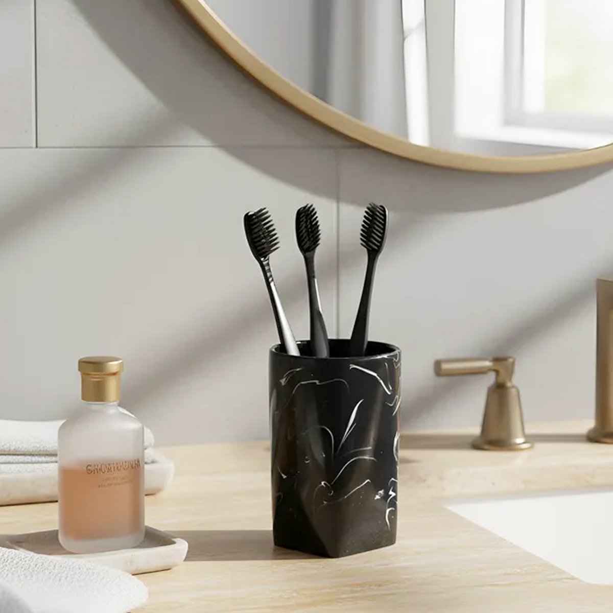 VASO PORTA CEPILLO RESINA MÁRMOL NEGRO