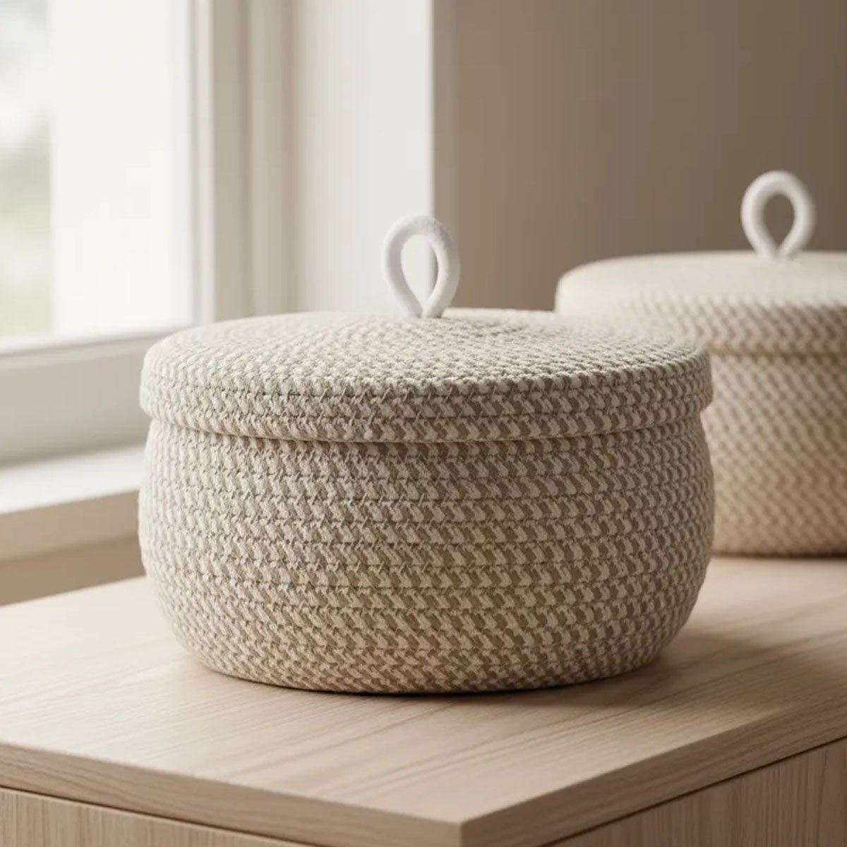 CESTO ORGANIZADOR DE CUERDAS TRENZADAS CON TAPA 18CM - Imagen 3